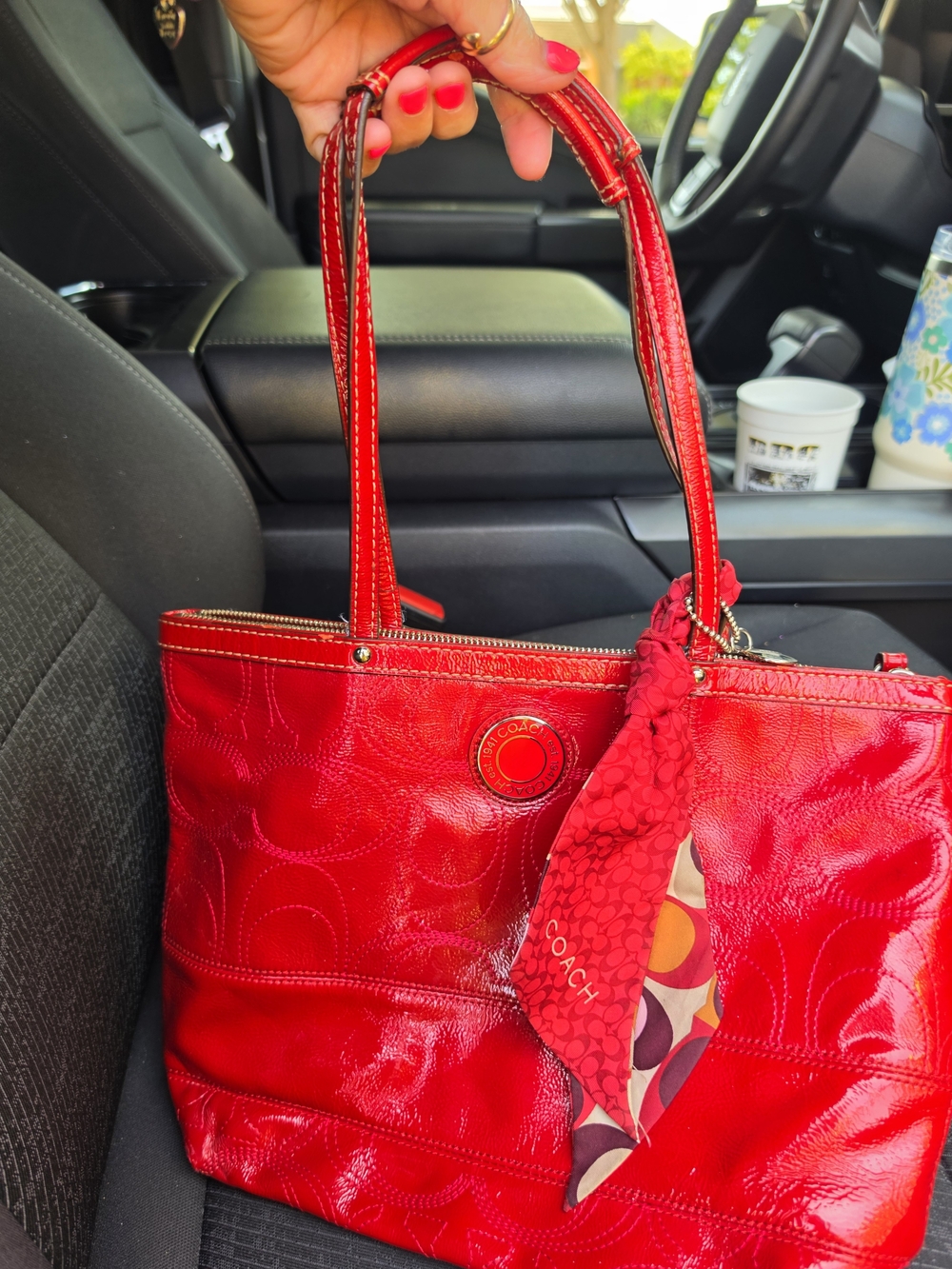 Coach Red Patent Tote with Signature Scarf Accent